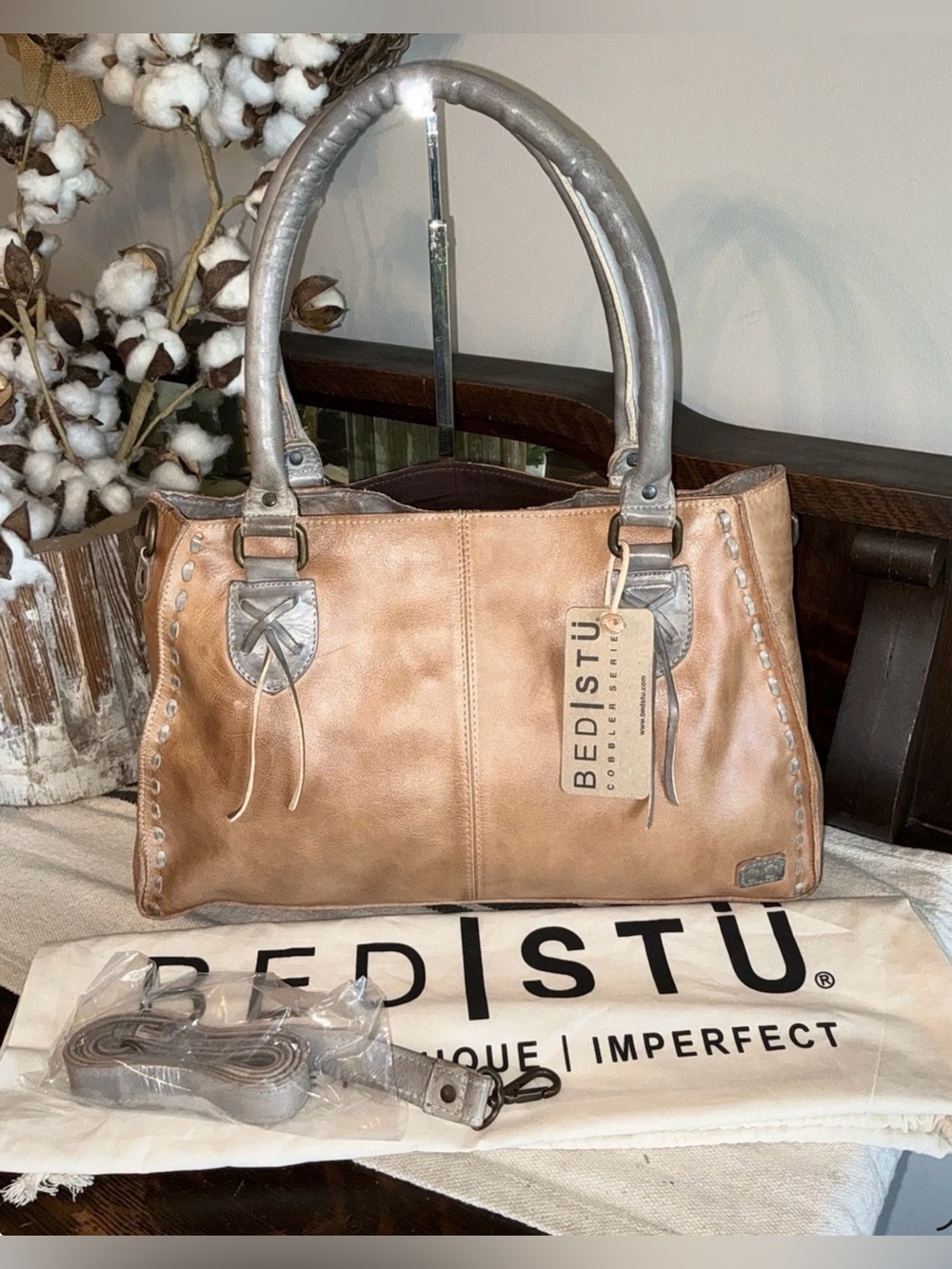 NWT Leather Bed Stu Rockababy Satchel Shoulder Bag Oats Icicle Rustic $295